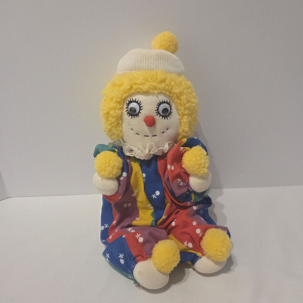 Vintage? Sock Clown Cloth Doll Plush 12" Embroidered Face Googly Eyes